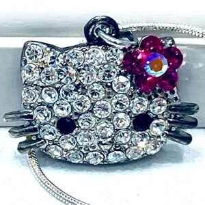 Hello Kitty Rhinestone Necklace w/Sterling Silver Chain EUC